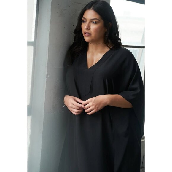 OCEAN + MAIN Black Silk V-Neck Placket Long Caftan Sz 2X - Picture 2 of 12